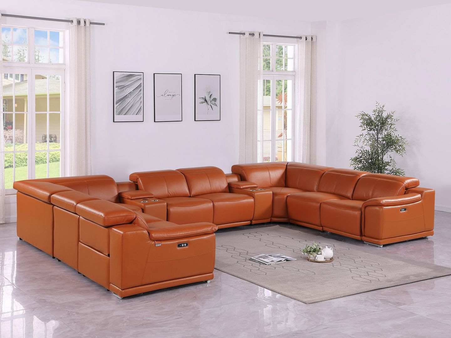 9762 Divanitalia 10-Piece U-Shaped Top Grain Italian Leather Sectional Sofa with 4 Power Recliners - Camel
