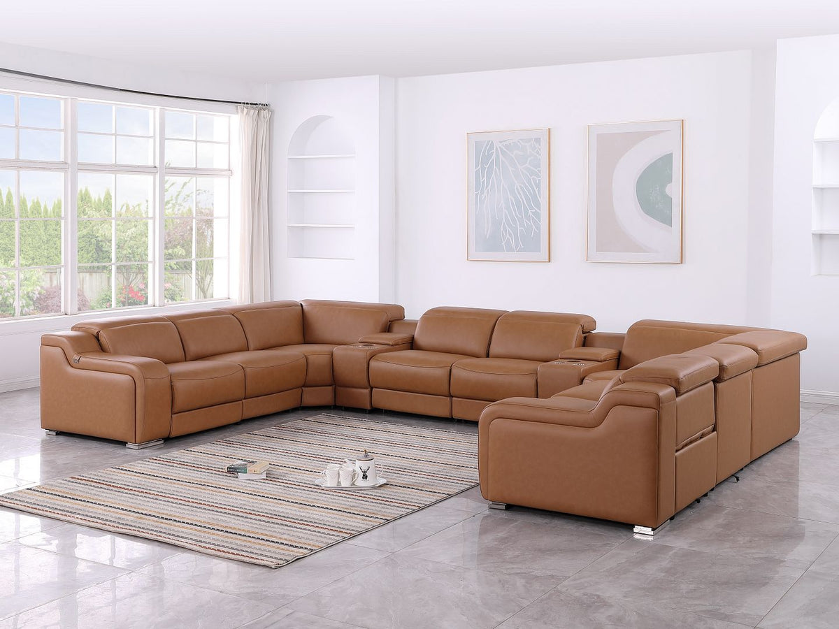 1116 Divanitalia 10-Piece U-Shaped Sectional Sofa in Top Grain Italian Leather with 4 Power Recliners & Power Headrests - Cognac - SKU 1116-COGNAC-10PC-4PWR-U-SECTIONAL-GROUP