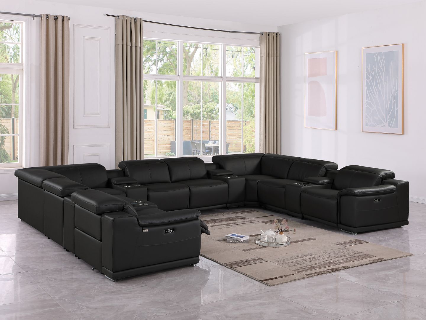 9762 Divanitalia 12-Piece U-Shaped Top Grain Italian Leather Sectional Sofa with 4 Power Recliners - Black
