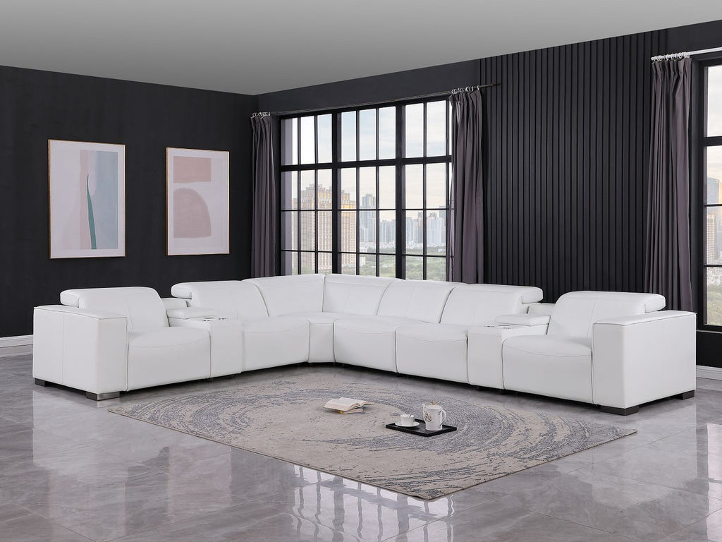 1208 8 Piece L-Shaped Leather Sectional Sofa with 4 Power Recliners & Power Headrests - White