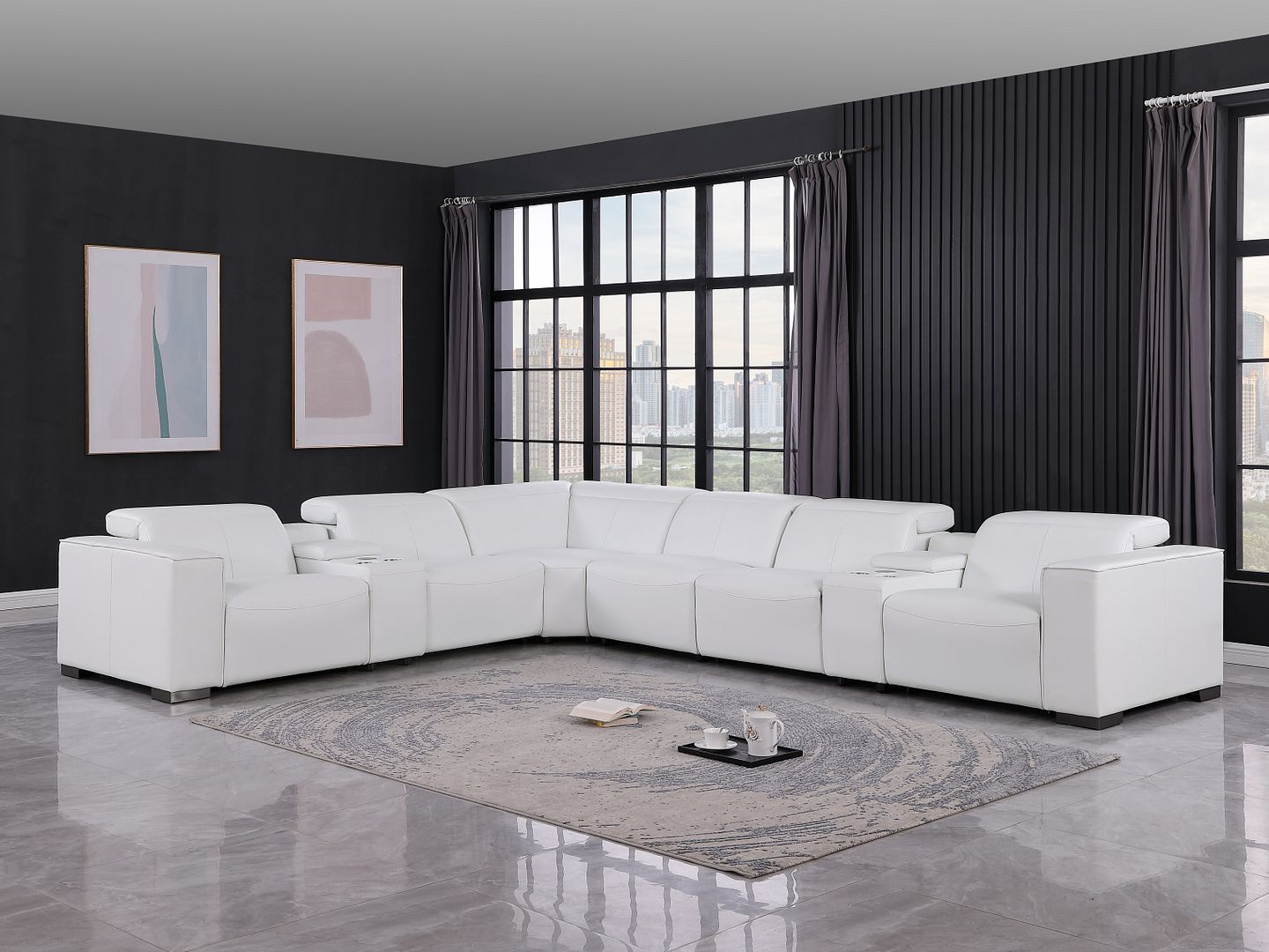 1208 8 Piece L-Shaped Leather Sectional Sofa with 4 Power Recliners & Power Headrests - White