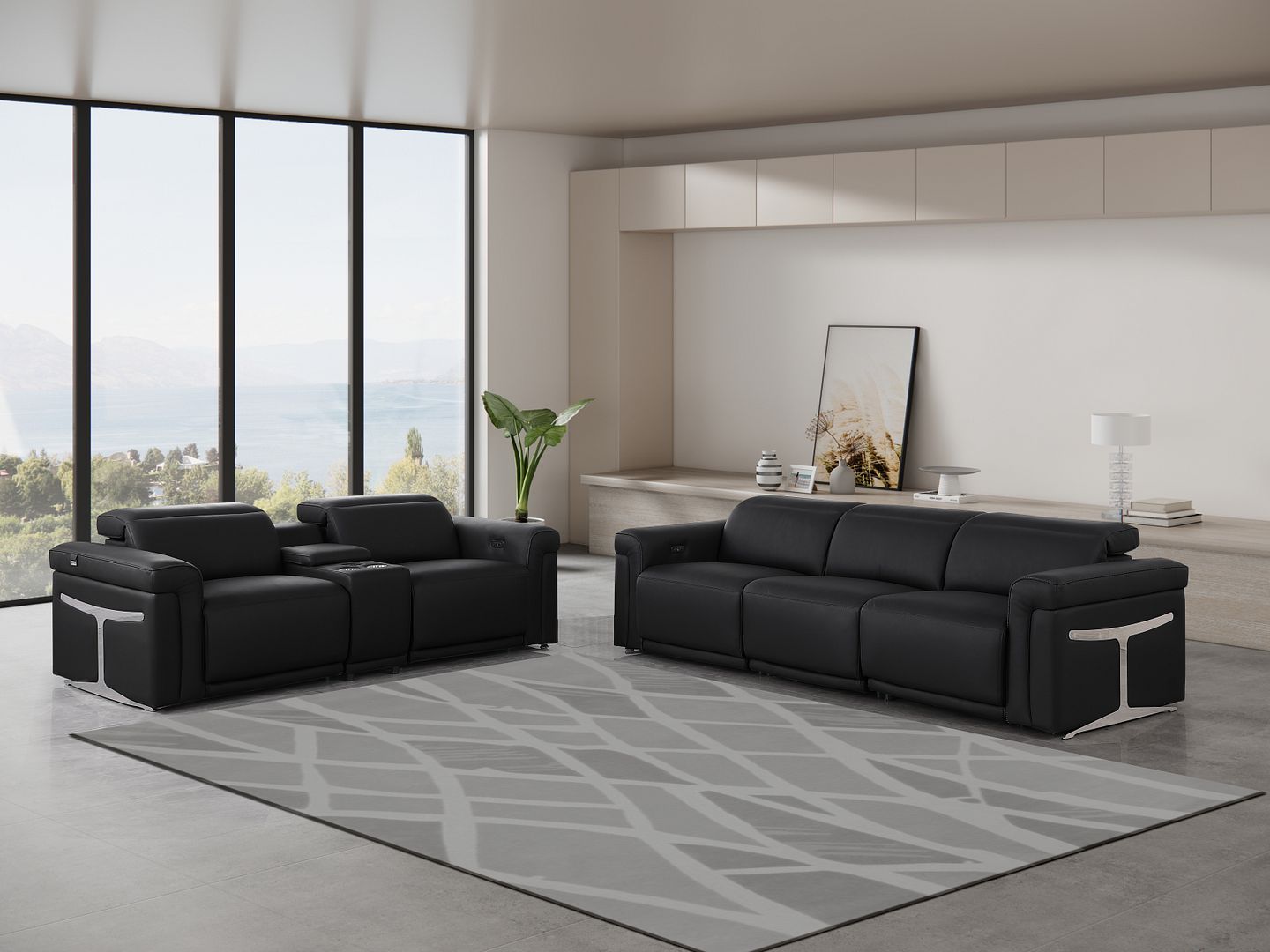 1126 Divanitalia 6-Piece Modular Power Reclining Sofa and Console Loveseat Set in Top Grain Italian Leather with 5 Power Recliners & Power Headrests - Black
