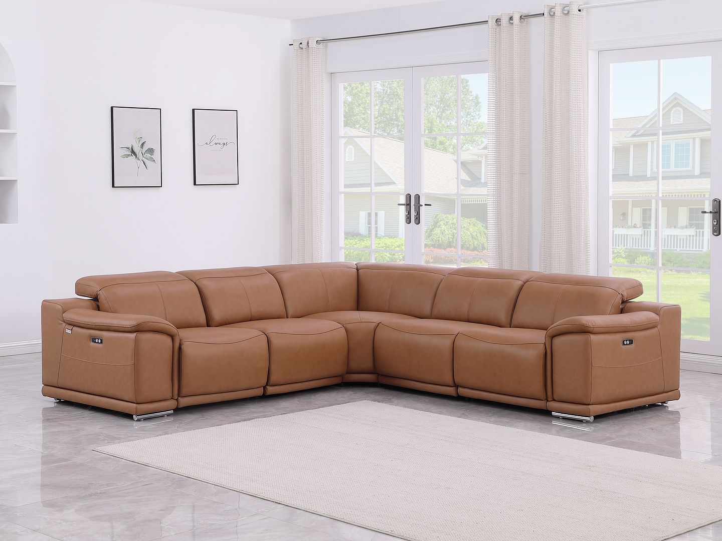 9762 Divanitalia 5-Piece L-Shaped Top Grain Italian Leather Sectional Sofa with 3 Power Recliners - Cognac