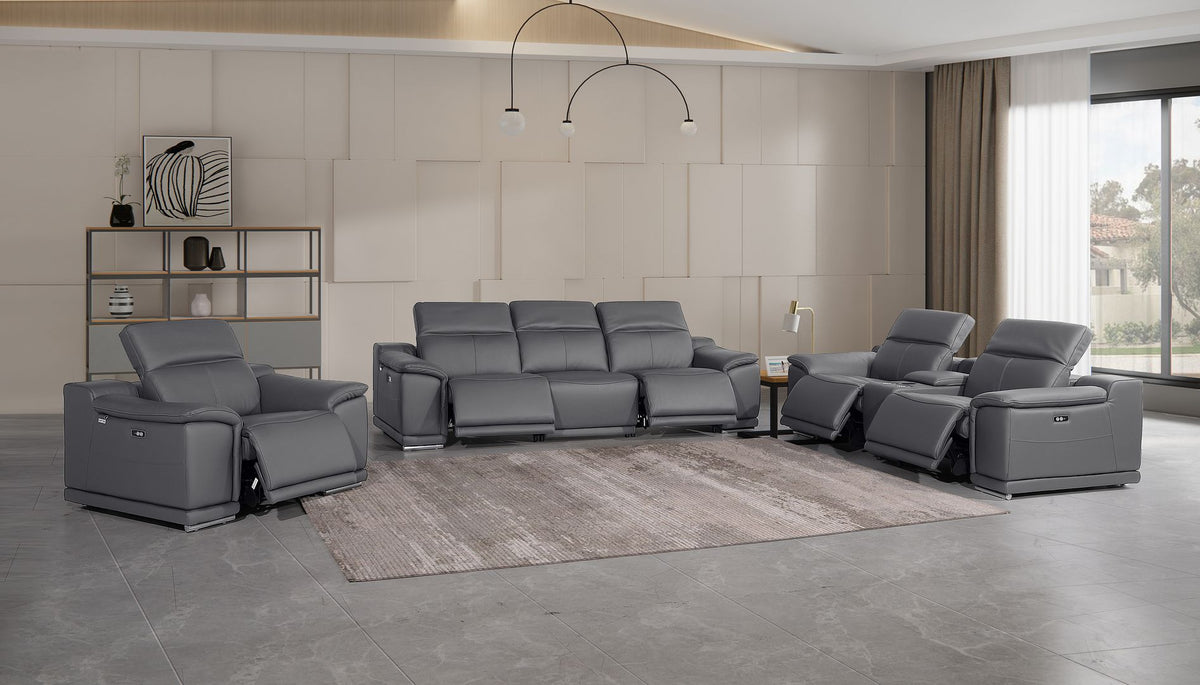9762 Divanitalia 7-Piece Modular Power Reclining Sofa, Loveseat and Chair Set with 5 Power Recliners in Top Grain Italian Leather - Dark Grey - SKU 9762-DK-GREY-7.5-HT-3PC - view 2