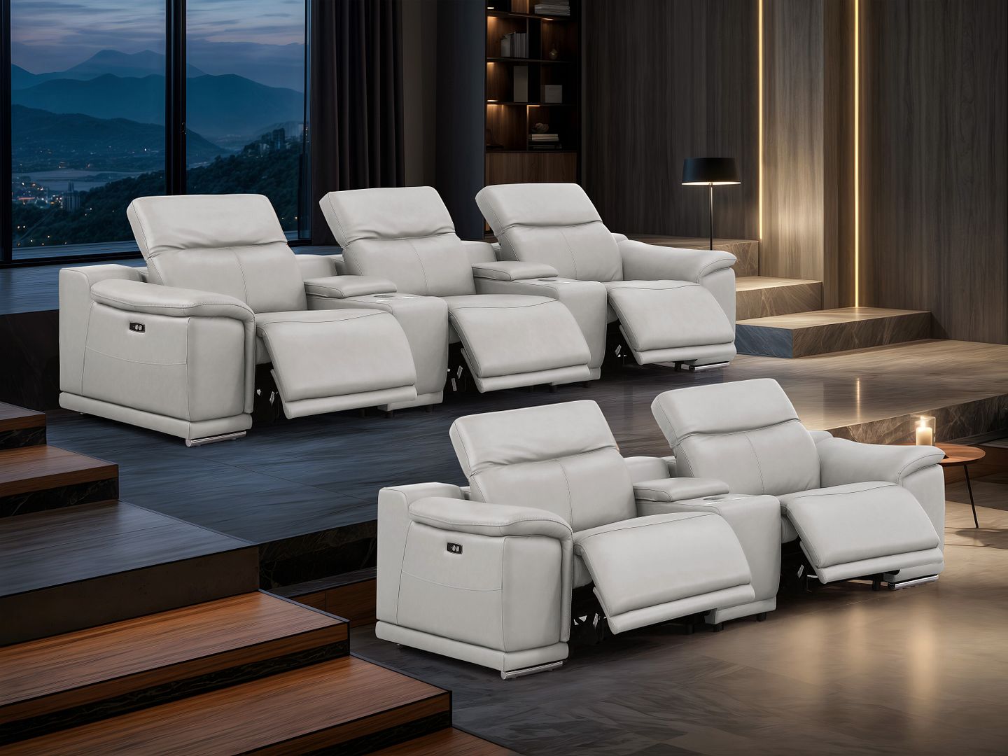 2679 Power Reclining Sofa and Loveseat in Genuine Leather - 5 Recliners with Power Headrests & 3 Consoles - Light Grey
