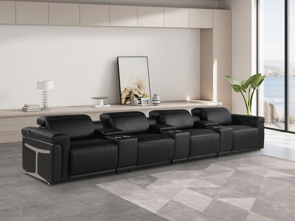 1126 Divanitalia 7-Piece Modular Power Reclining Sofa in Top Grain Italian Leather with 4 Power Recliners & Power Headrests - Black - SKU 1126-BLACK-7.4-HT