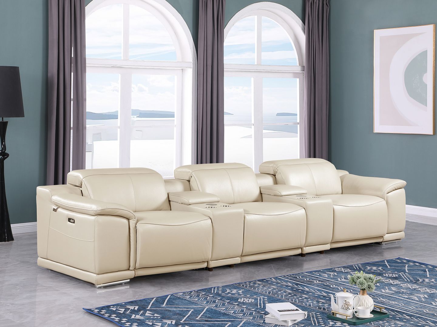 9762 Divanitalia 5-Piece Modular Power Reclining Sofa and Loveseat Set with 3 Power Recliners in Top Grain Italian Leather - Beige