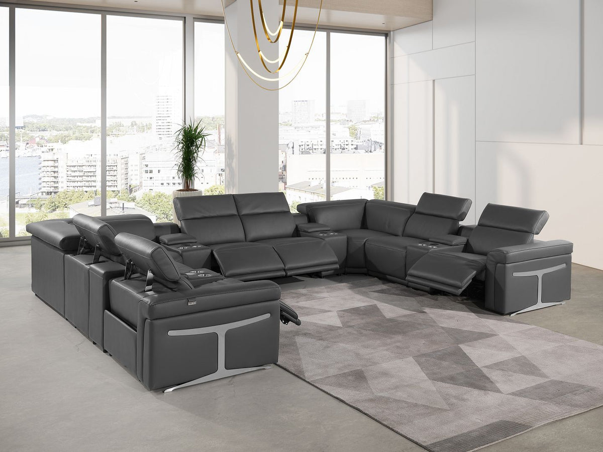 1126 Divanitalia 12-Piece U-Shaped Sectional Sofa in Top Grain Italian Leather with 4 Power Recliners & Power Headrests - Dark Grey - SKU 1126-DK_GREY-12PC-4PWR-U-SECTIONAL-GROUP - view 2