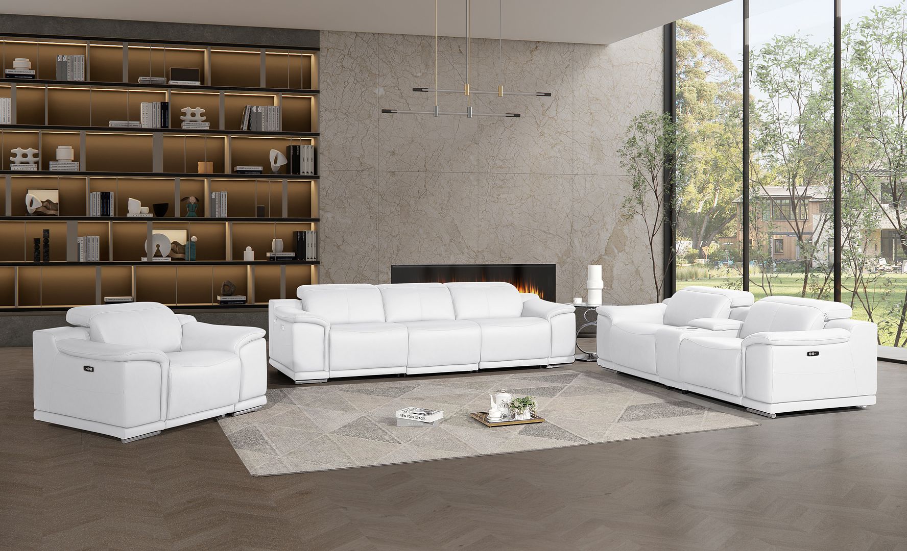 2679 Power Reclining Sofa, Console Loveseat & Chair Set in Genuine Leather - 6 Recliners - White