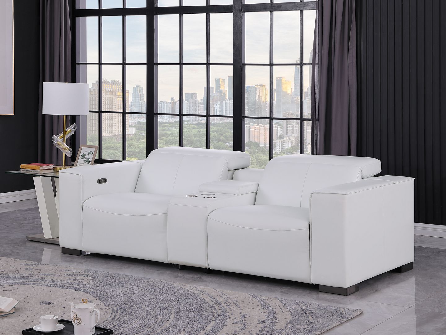 1208 Genuine Leather Dual Power Reclining Console Loveseat - White