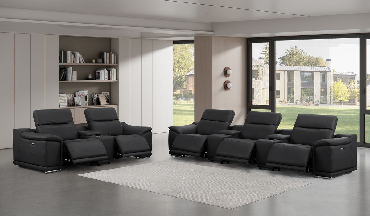 2679 Power Reclining Sofa and Loveseat in Genuine Leather - 5 Recliners with Power Headrests & 3 Consoles - Black - SKU 2679-BLACK-8.5-HT-2PC - view 3