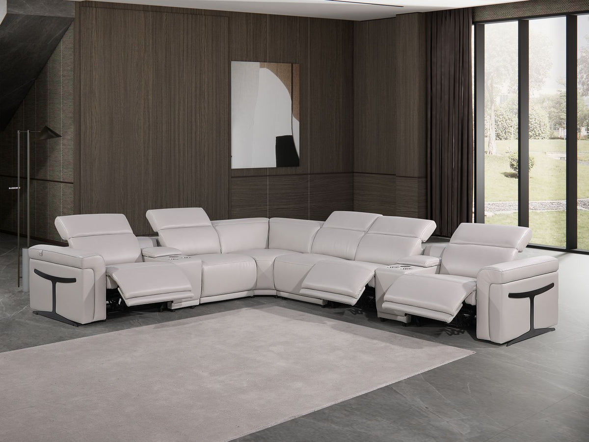 1126 Divanitalia 8-Piece L-Shaped Sectional Sofa in Top Grain Italian Leather with 3 Power Recliners & Power Headrests - Light Grey - SKU 1126-LT-GREY-SEC-8PC-3PWR-SECTIONAL-GROUP