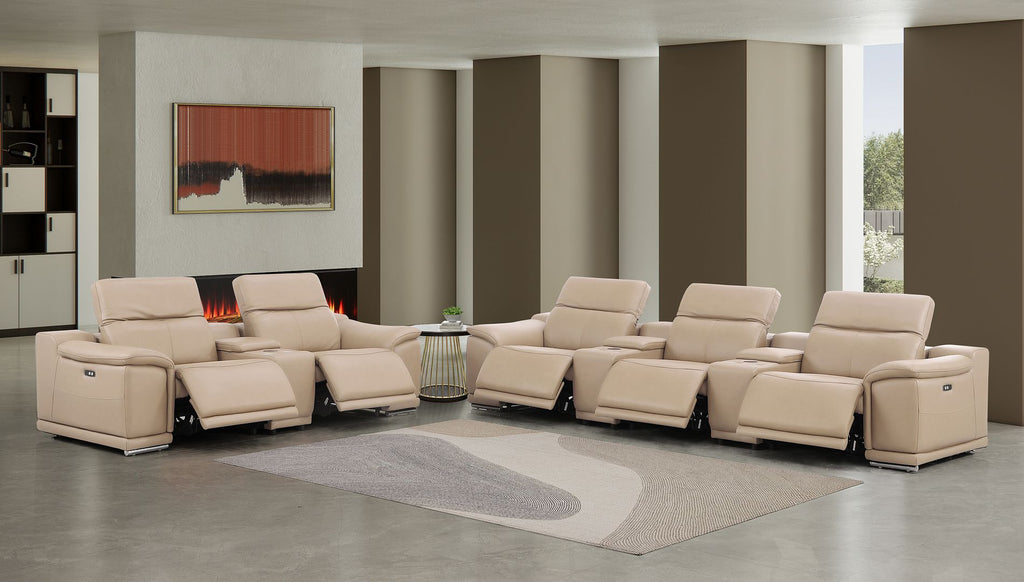 2679 Power Reclining Sofa and Loveseat in Genuine Leather - 5 Recliners with Power Headrests & 3 Consoles - Beige - SKU 2679-BEIGE-8.5-HT-2PC - view 3