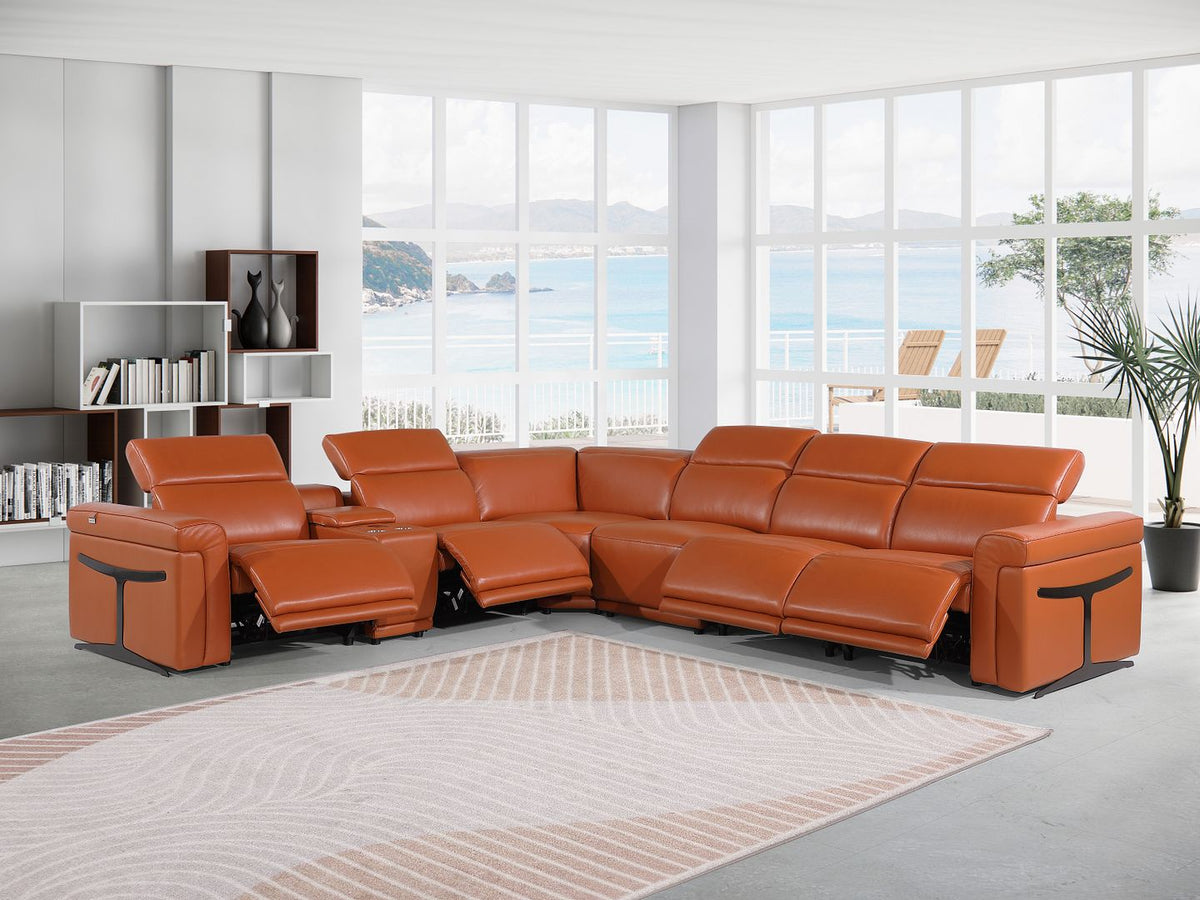 1126 Divanitalia 7-Piece L-Shaped Sectional Sofa in Top Grain Italian Leather with 4 Power Recliners & Power Headrests - Camel - SKU 1126-CAMEL-SEC-7PC-4PWR-SECTIONAL - GROUP