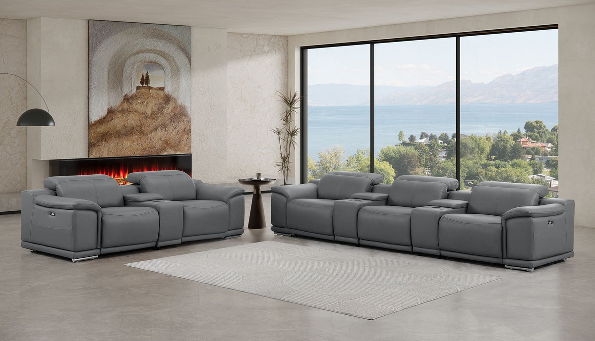 2679 Power Reclining Sofa and Loveseat in Genuine Leather - 5 Recliners with Power Headrests & 3 Consoles - Dark Grey - SKU 2679-DK-GRAY-8.5-HT-2PC - view 2