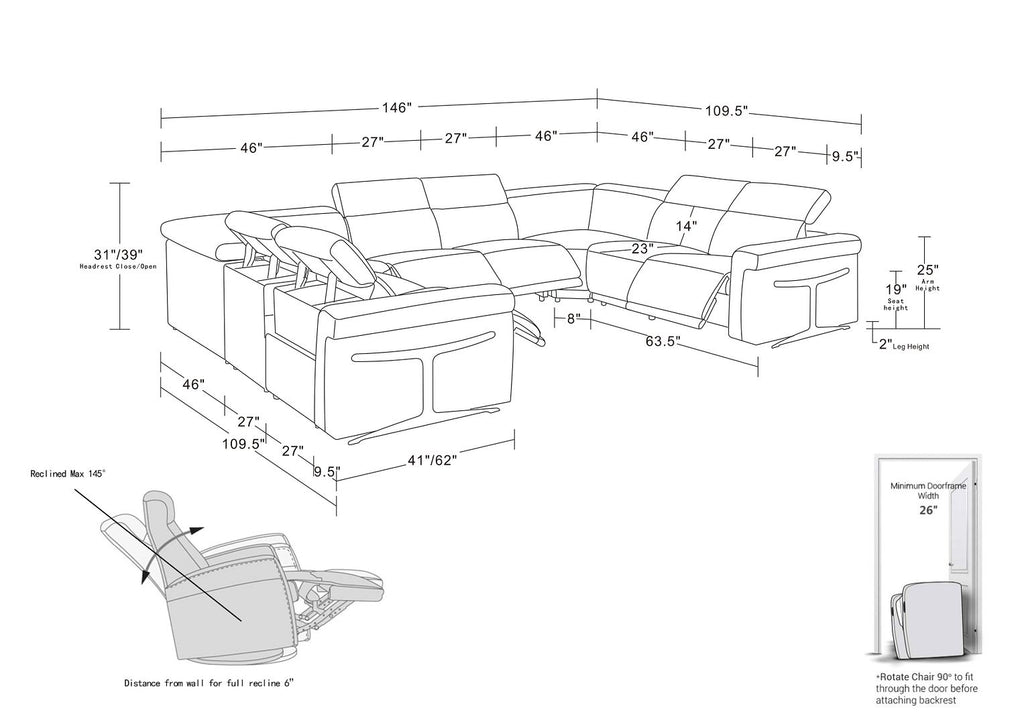 1126 Divanitalia 8-Piece U-Shaped Sectional Sofa in Top Grain Italian Leather with 4 Power Recliners & Power Headrests