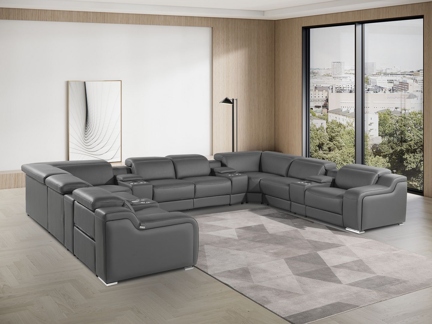 1116 Divanitalia 12-Piece U-Shaped Sectional Sofa in Top Grain Italian Leather with 4 Power Recliners & Power Headrests - Dark Grey