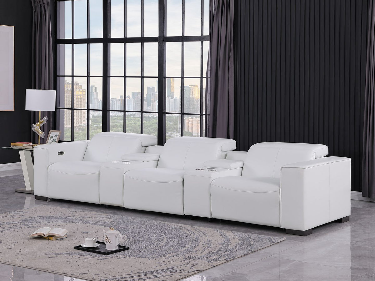 1208 Leather Sofa with 3 Power Recliners and Two Storage Consoles - White - SKU 1208-WHITE-5.3-HT