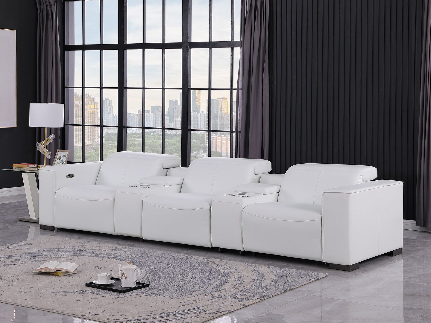 1208 Leather Sofa with 3 Power Recliners and Two Storage Consoles - White