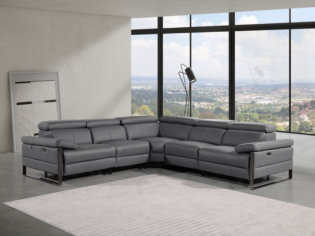 1246 Divanitalia 5-Piece L-Shaped Modular Power Reclining Sectional Sofa with Power Headrests - Top Grain Italian Leather - Dark Grey - SKU 1246-DK-GREY-5PC-3PWR-SECTIONAL