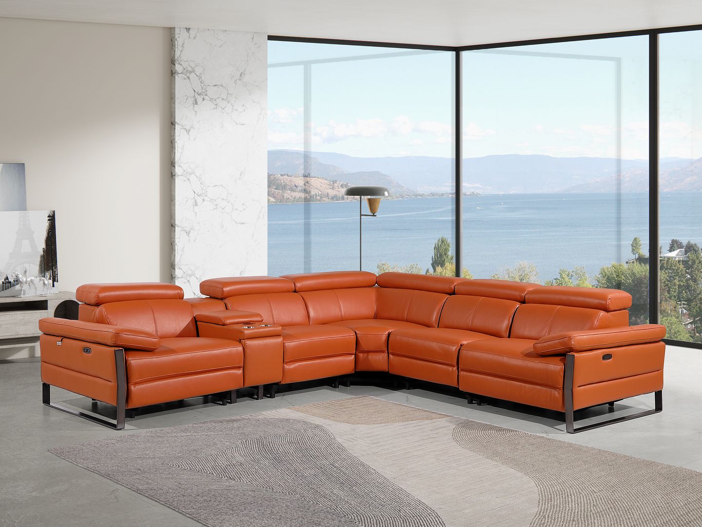 1246 Divanitalia 6-Piece L-Shaped Modular Power Reclining Sectional Sofa with 3 Power Recliners and Power Headrests - Top Grain Italian Leather - Camel