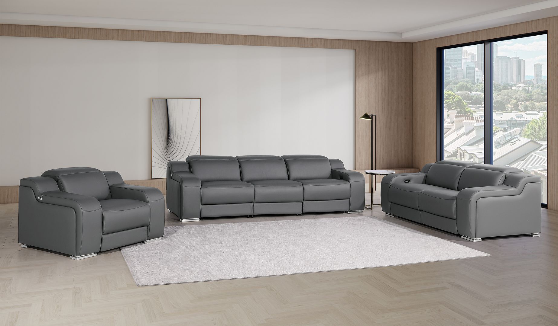 1116 Divanitalia 6-Piece Modular Power Reclining Sofa, Loveseat & Chair Set in Top Grain Italian Leather with 5 Power Recliners & Power Headrests - Dark Grey