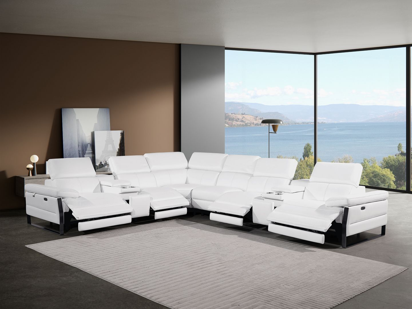 1246 Divanitalia 8-Piece U-Shaped Modular Power Reclining Sectional Sofa with 4 Power Recliners and Power Headrests - Top Grain Italian Leather