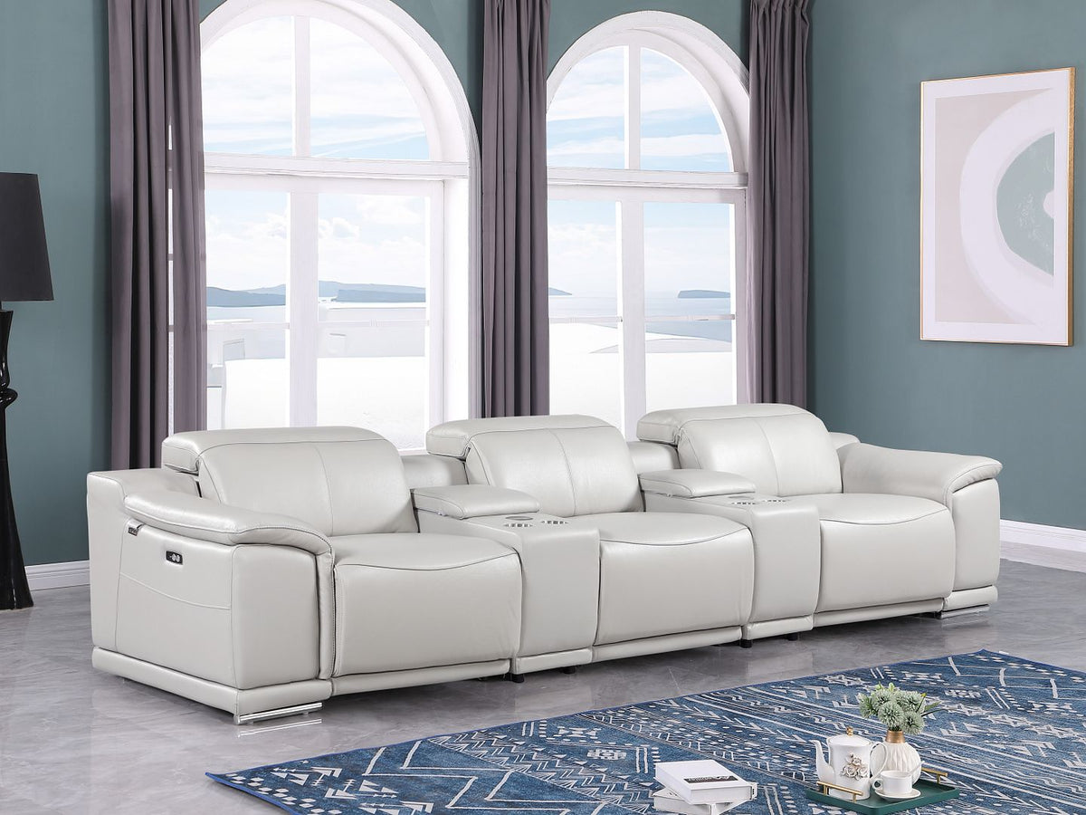 9762 Divanitalia 5-Piece Modular Power Reclining Sofa and Loveseat Set with 3 Power Recliners in Top Grain Italian Leather - Light Grey - SKU 9762-LT-GREY-5.3-HT