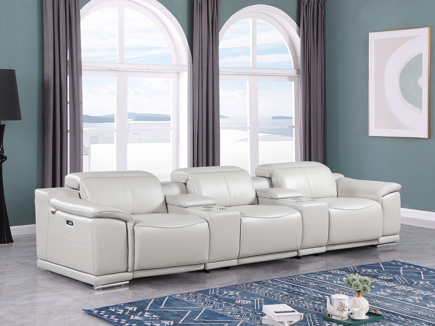 9762 Divanitalia 5-Piece Modular Power Reclining Sofa and Loveseat Set with 3 Power Recliners in Top Grain Italian Leather - Light Grey