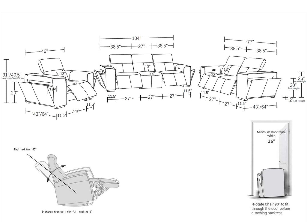 1224 Divanitalia 6-Piece Modular Power Reclining Sofa, Loveseat & Chair Set in Top Grain Italian Leather with 5 Power Recliners & Power Headrests - White - SKU 1224-WHITE-6.5-HT-3PC - view 17