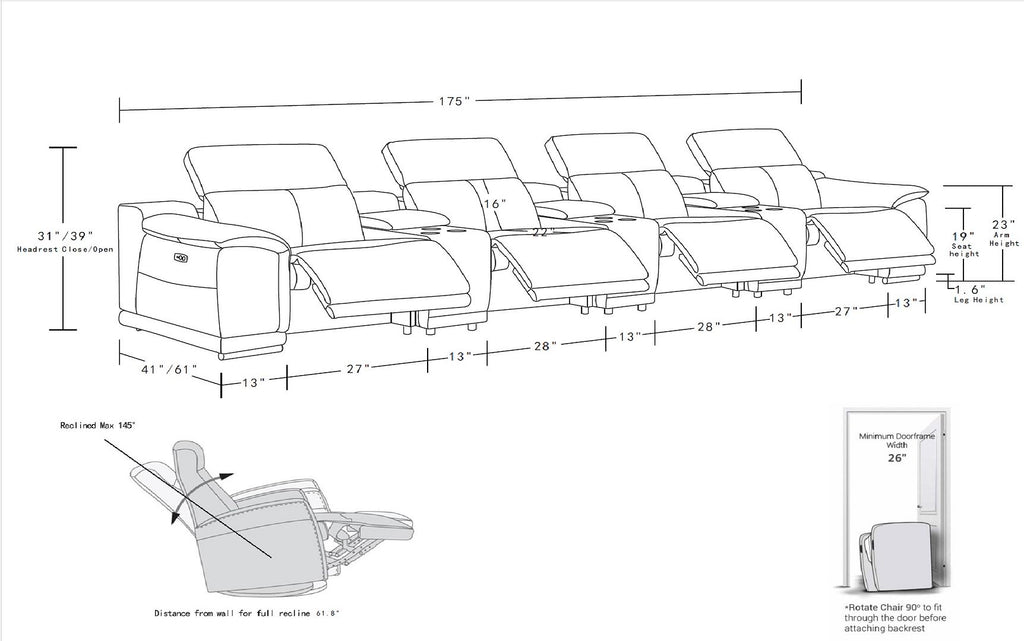 9762 Divanitalia 7-Piece Modular Top Grain Italian Leather Power Reclining Sofa with 4 Power Recliners