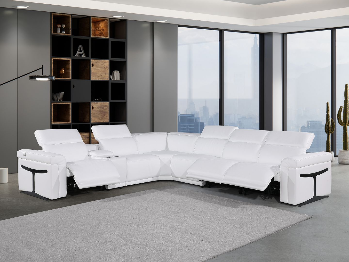 1126 Divanitalia 7-Piece L-Shaped Sectional Sofa in Top Grain Italian Leather with 3 Power Recliners & Power Headrests - White