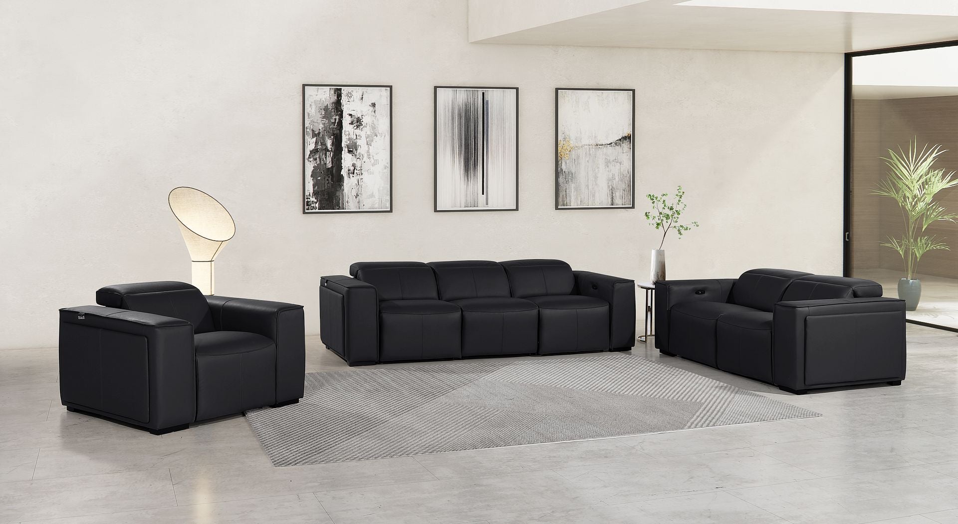 1224 Divanitalia 6-Piece Modular Power Reclining Sofa, Loveseat & Chair Set in Top Grain Italian Leather with 6 Power Recliners & Power Headrests - Black