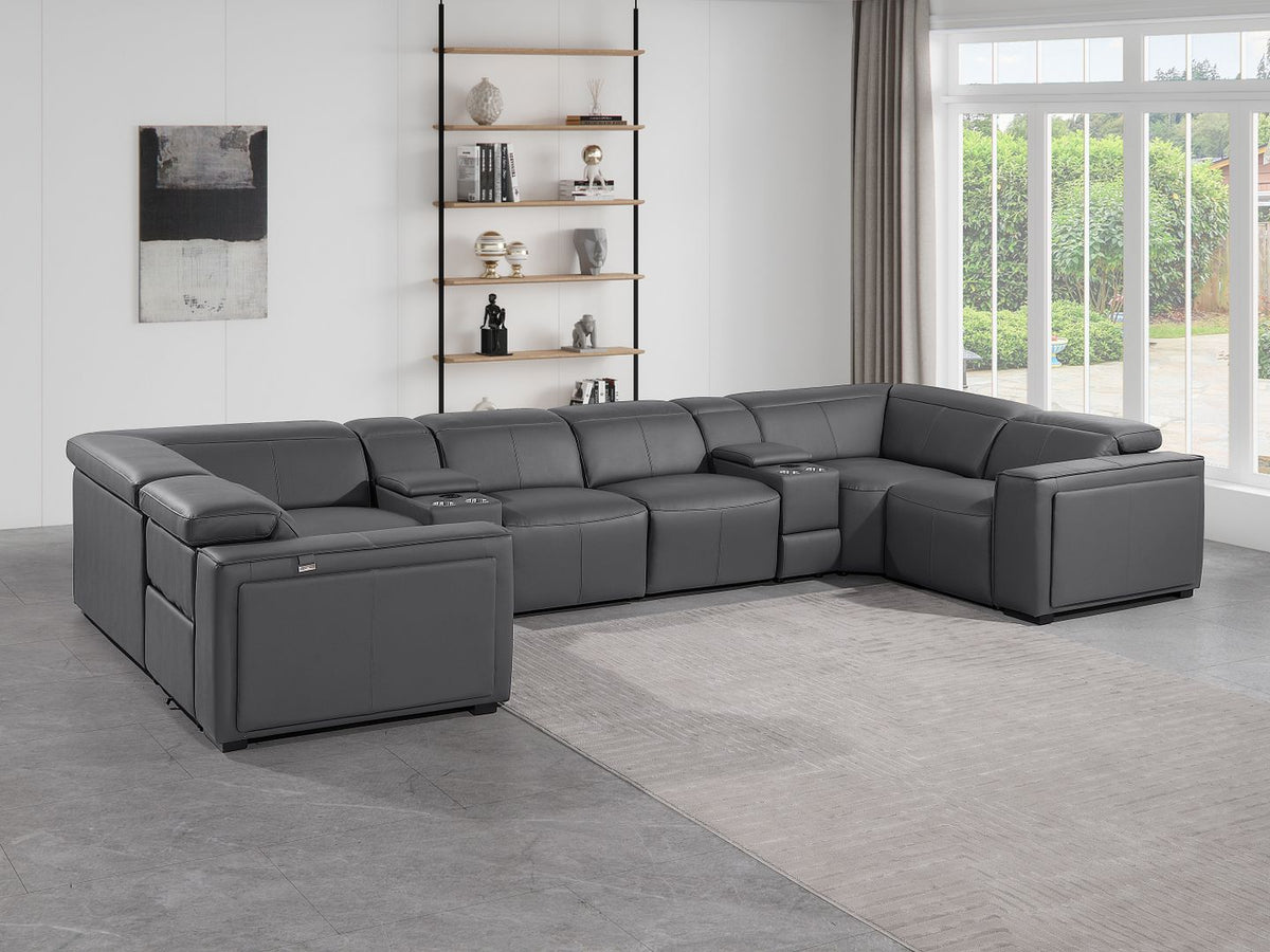 1224 Divanitalia 8-Piece U-Shaped Sectional Sofa in Top Grain Italian Leather with 4 Power Recliners & Power Headrests - Dark Grey - SKU 1224-DK-GREY-8PC-4PWR-U-SECTIONAL