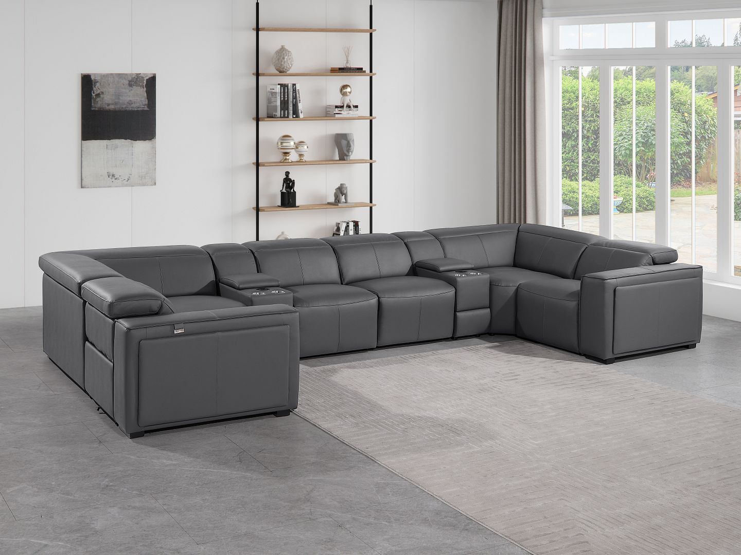 1224 Divanitalia 8-Piece U-Shaped Sectional Sofa in Top Grain Italian Leather with 4 Power Recliners & Power Headrests - Dark Grey