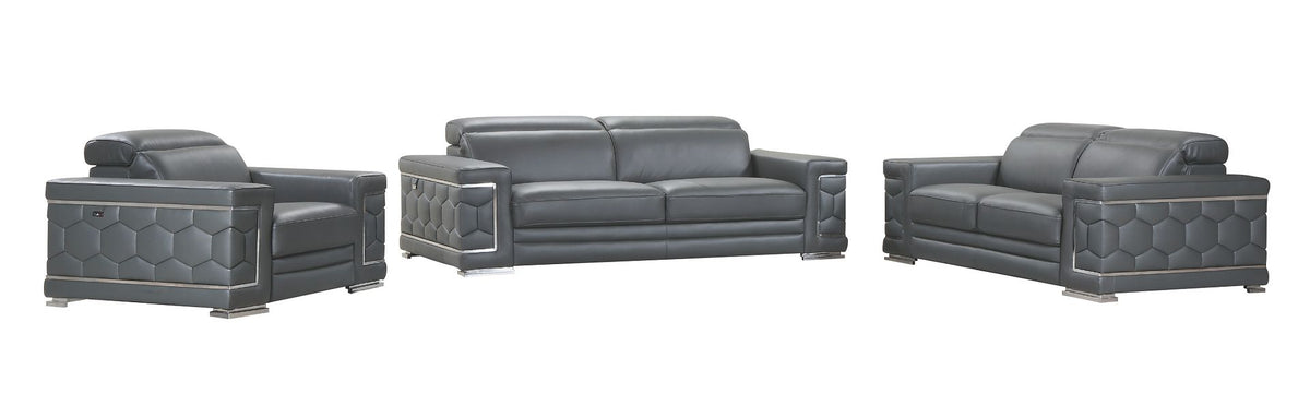 692 Divanitalia 3-Piece Sofa Set with Adjustable Headrest in Top-grain Italian Leather - Dark Grey - SKU 692- DARK GRAY 3PC (S/L/CH) - GROUP - view 2