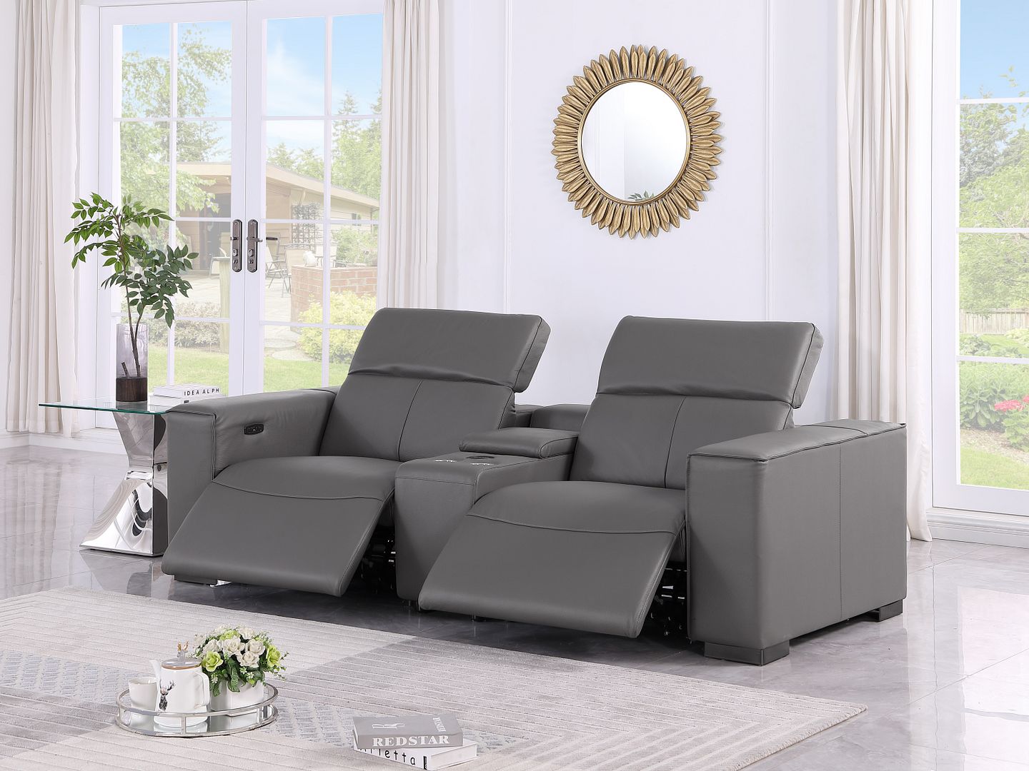 1208 Genuine Leather Dual Power Reclining Console Loveseat