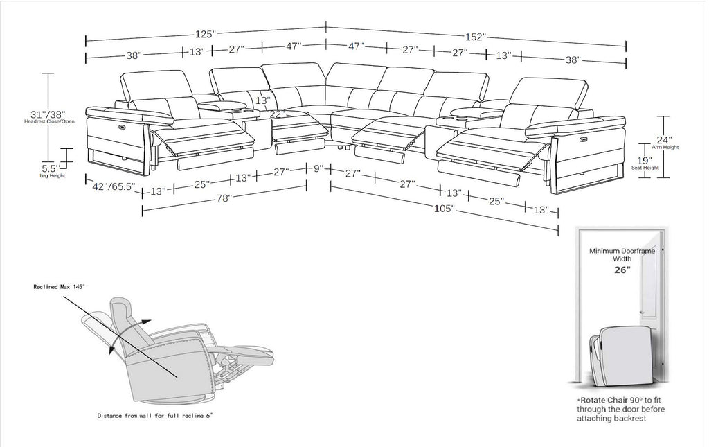 1246 Divanitalia 8-Piece L-Shaped Modular Power Reclining Sectional Sofa with 4 Power Recliners and Power Headrests - Top Grain Italian Leather