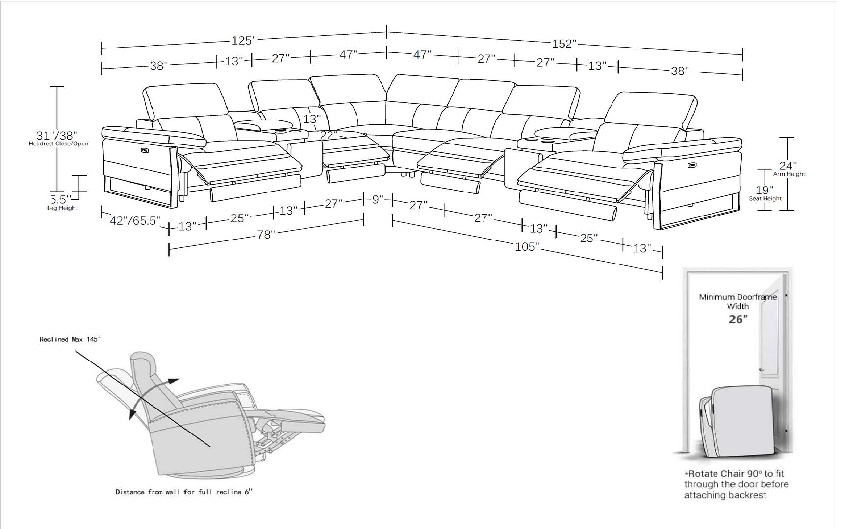 1246 Divanitalia 8-Piece L-Shaped Modular Power Reclining Sectional Sofa with 4 Power Recliners and Power Headrests - Top Grain Italian Leather