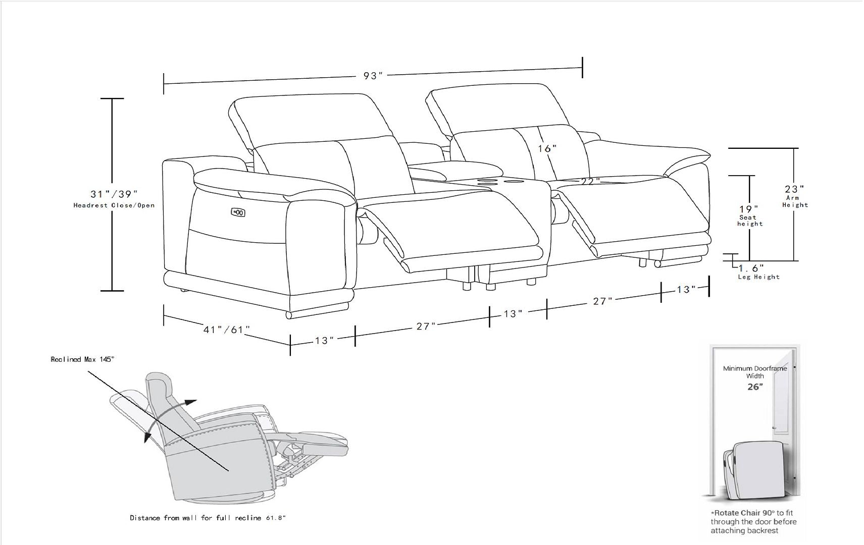 9762 Divanitalia 3-Piece Modular Power Reclining Console Loveseat with 2 Power Recliners in Top Grain Italian Leather