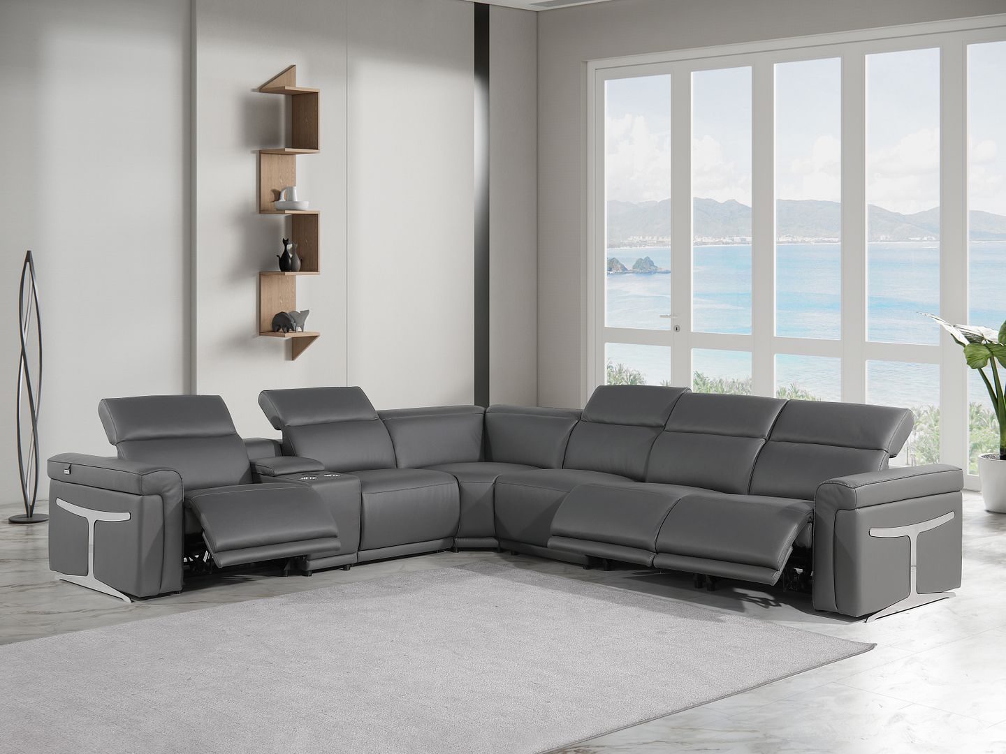 1126 Divanitalia 7-Piece L-Shaped Sectional Sofa in Top Grain Italian Leather with 3 Power Recliners & Power Headrests - Dark Grey
