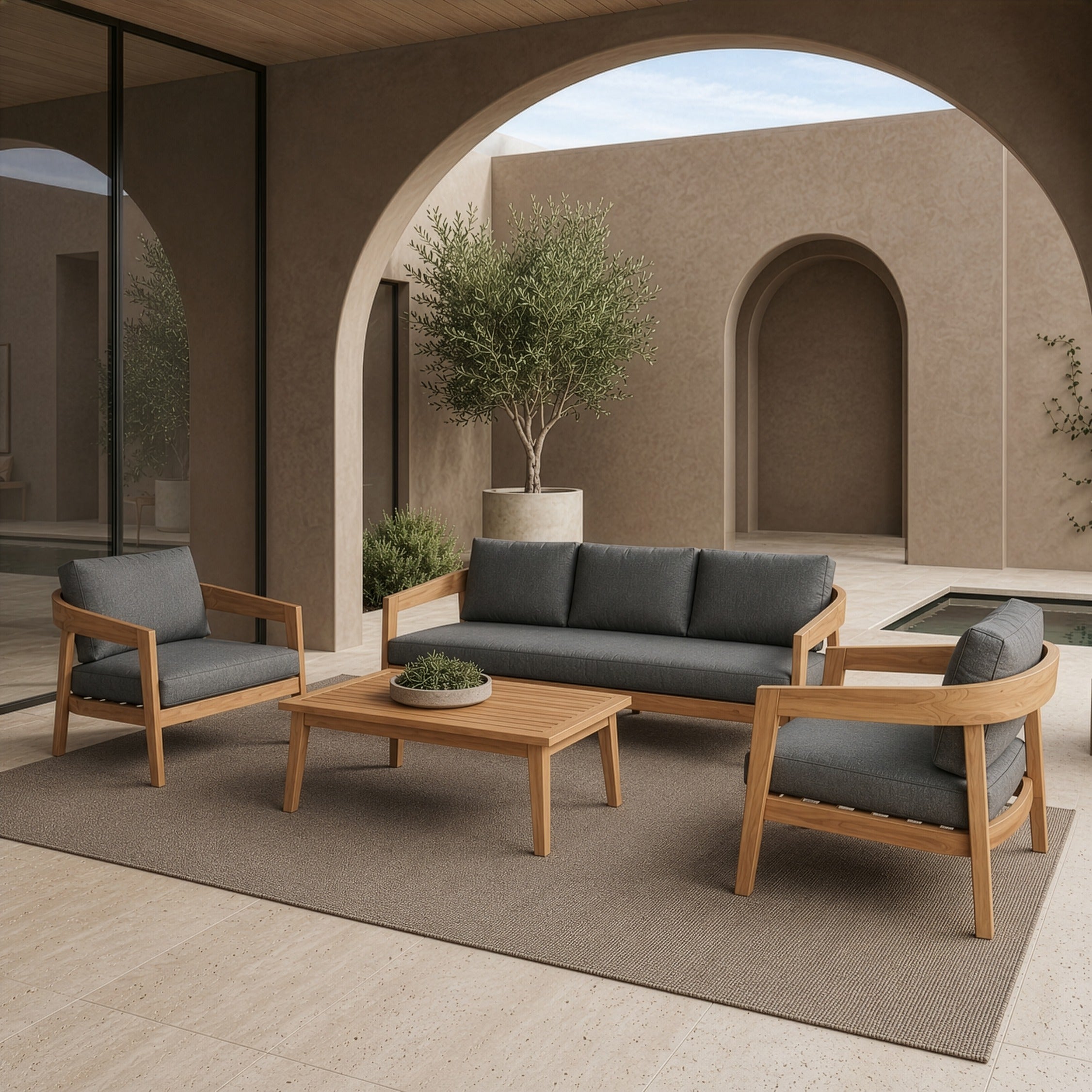 Sintra - Outdoor Grey Fabric + Eucalyptus Sofa Set