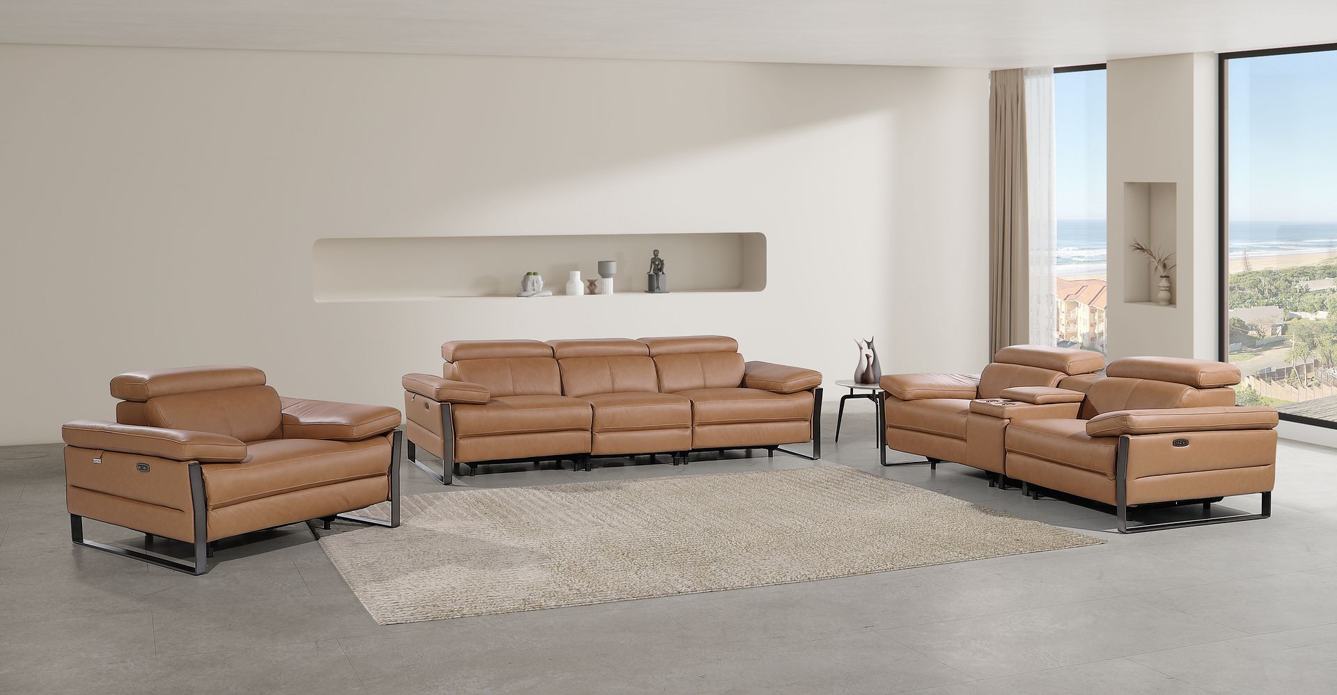 1246 Divanitalia Modular Power Dual Reclining Sofa, Console Loveseat, and Chair Set with Power Headrests - Top Grain Italian Leather - Cognac