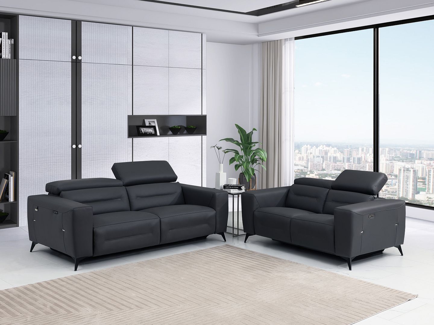 989 Divanitalia Power Reclining 2-Piece Sofa Set with Power Headrest in Top-grain Italian Leather - Dark Grey