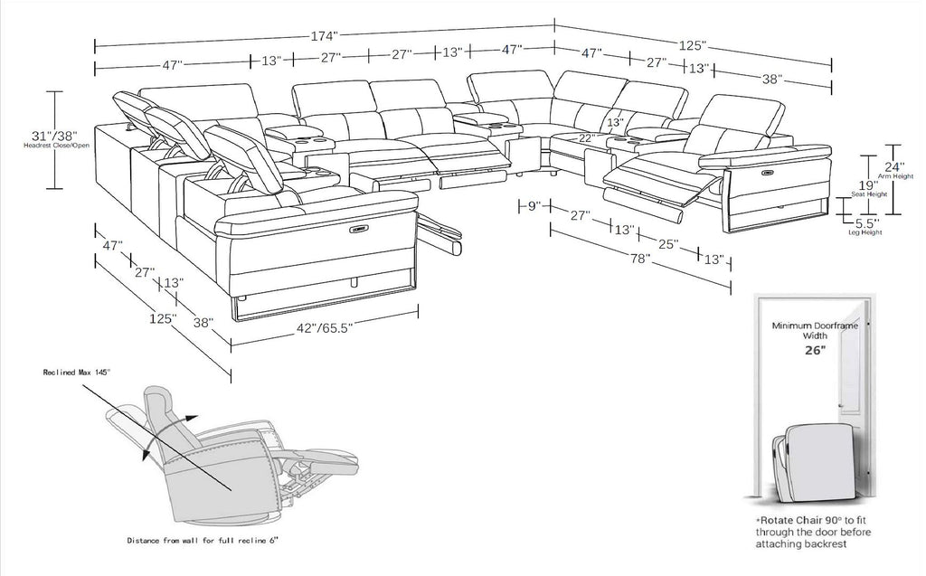 1246 Divanitalia 12-Piece U-Shaped Modular Power Reclining Sectional Sofa with 4 Power Recliners and Power Headrests - Top Grain Italian Leather - Beige - SKU 1246-BEIGE-12PC-4PWR-U-SECTIONAL - view 14