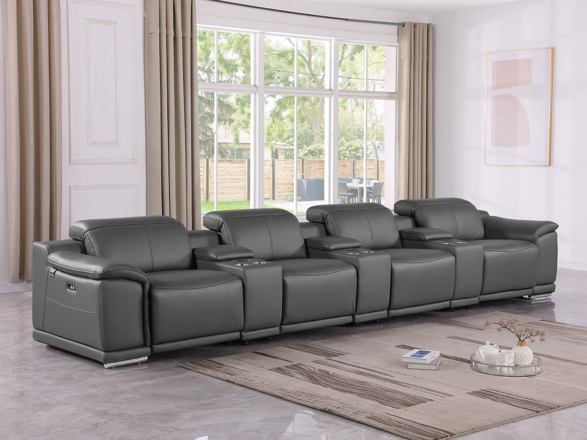 9762 Divanitalia 7-Piece Modular Top Grain Italian Leather Power Reclining Sofa with 4 Power Recliners - Dark Grey - SKU 9762-DK-GREY-S-7.4-HT
