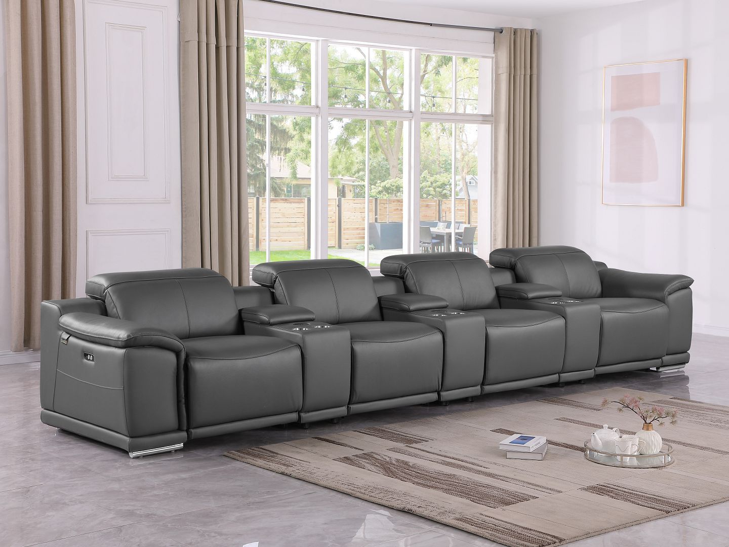 9762 Divanitalia 7-Piece Modular Top Grain Italian Leather Power Reclining Sofa with 4 Power Recliners - Dark Grey