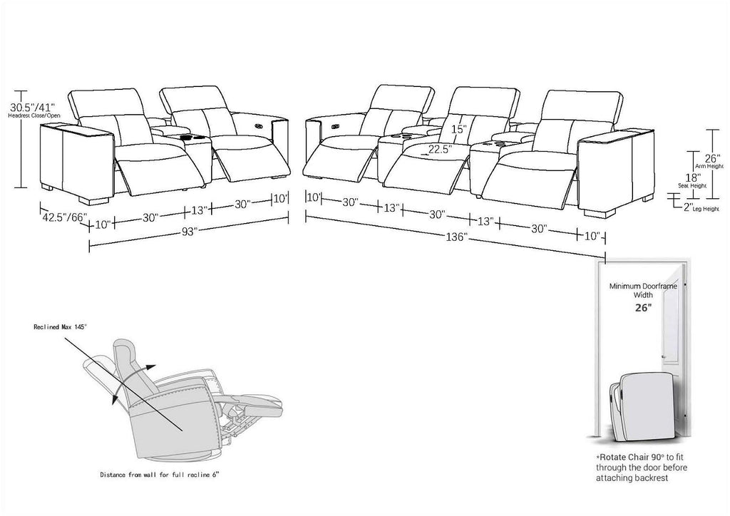 1208 Modular Leather Sofa & Loveseat with 6 Recliners and Power Headrests - Light Grey - SKU 1208-LT-GREY-8.5-HT - view 16