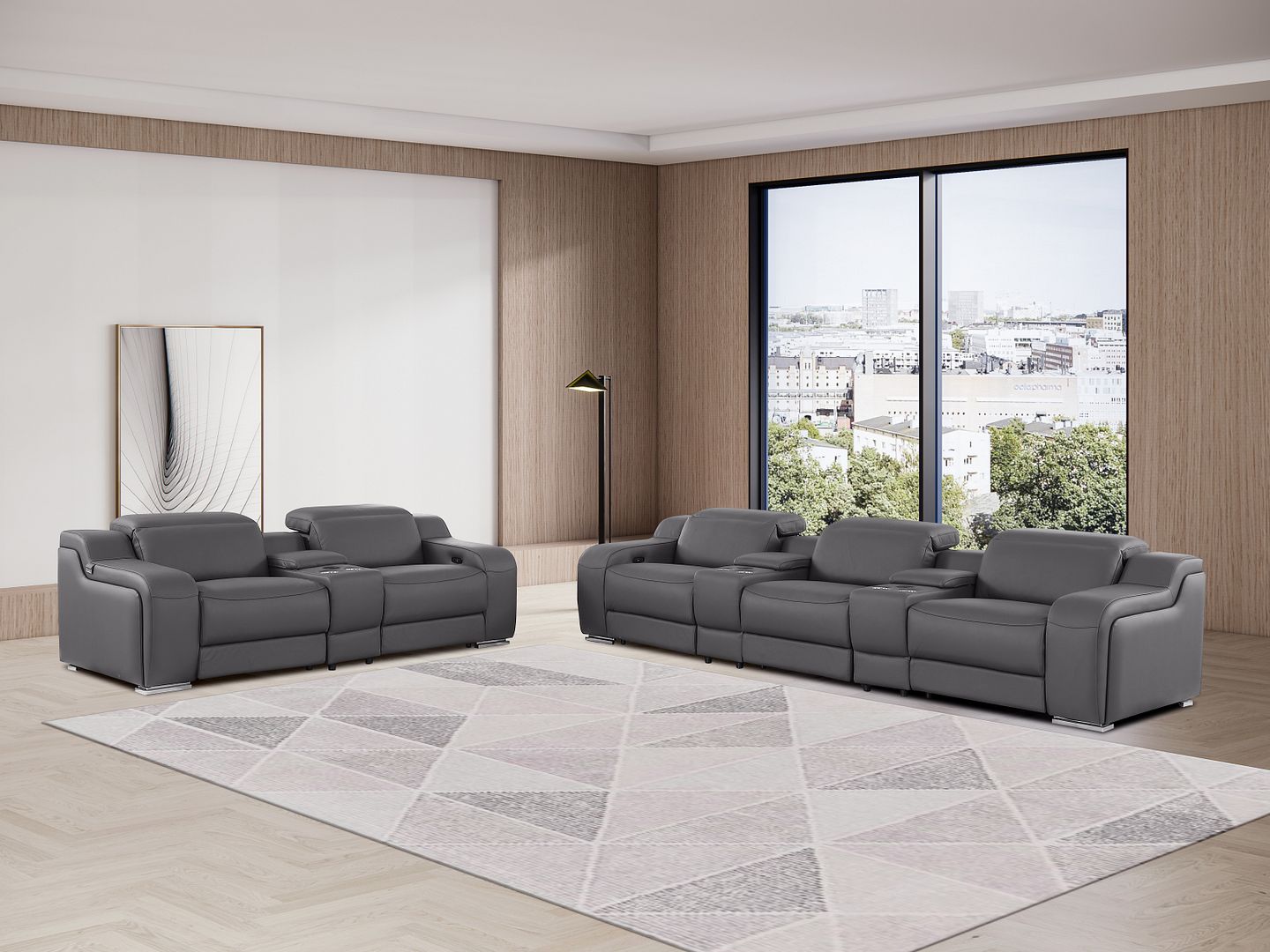 1116 Divanitalia 8-Piece Modular Power Reclining Sofa, Loveseat & Chair Set in Top Grain Italian Leather with 5 Power Recliners & Power Headrests - Dark Grey