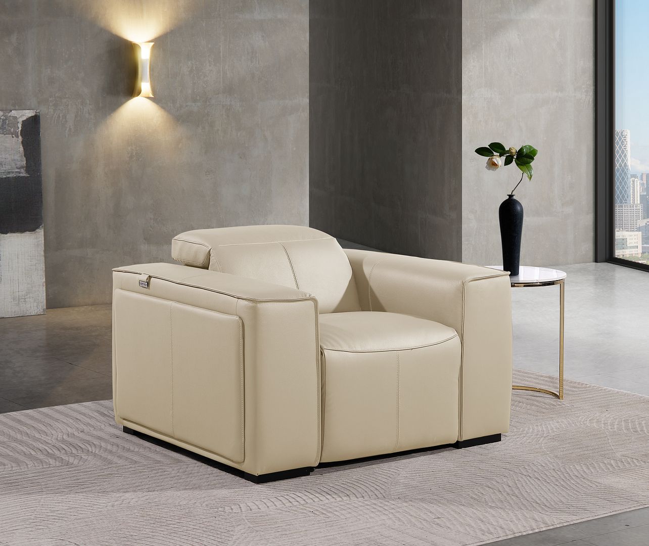 1126 Divanitalia Top Grain Italian Leather Power Reclining Chair with Power Headrests - Beige